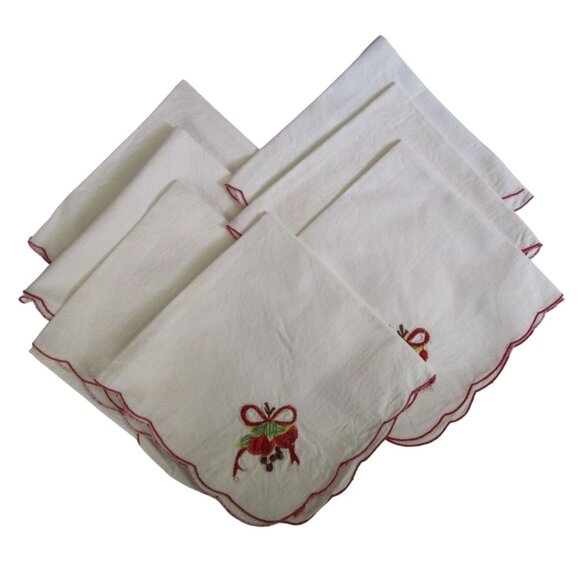 Vintage Embroidered Cotton Holiday Napkins Seven Festive Fruit Bow Design GUC - Picture 1 of 16